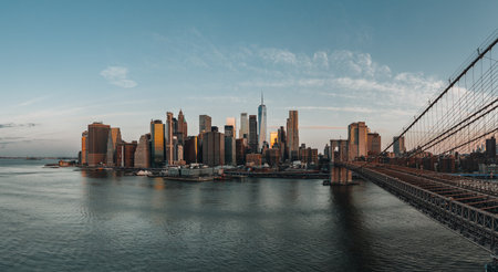 Aerial view of lower Manhattan New York City Downtown. Soft morning light sunrise. Financial distict United States.の写真素材