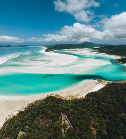 Aerial Drone view of Whitehaven Beach in the Whitsundays, Queensland, Australiaの写真素材
