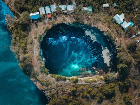 aerial drone view of the Broken Beach, Nusa Penida, Bali. View from above, stunning Broken Beach locally known as Pantai Pasih Uug is one of the top picturesque and most visited destinations on Nusa Penida Island, Indonesia.の写真素材