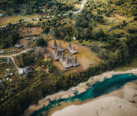 Aerial drobne view of traditional house of Ratenggaro in Sumba, East Nusa Tenggara, Indonesia....