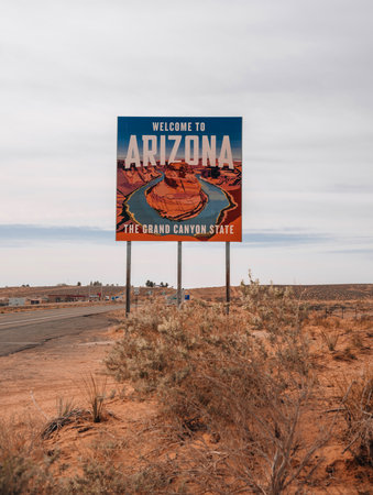 St. George, Utah, USA - April 22, 2023 : Welcome to Arizona State Sign situated along I-15 at the...