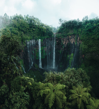 Aerial drone view of Waterfall - Tumpak Sewu, Java. Indonesia. Asiaの写真素材