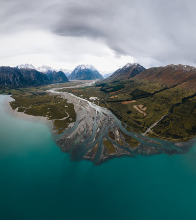 new Zealand, View of Ben Ohau range and Lake Ohau from the aerial drone view with blue lake on cloudy day. South island.の写真素材