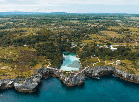 Aerial drone view of weekuri Waikuri lagoon, Sumba Island, Indonesiaの写真素材