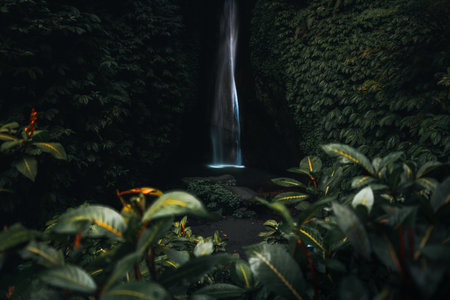 Leke Leke waterfall in tropical jungle and alone woman in bikini in Bali, Indonesiaの写真素材