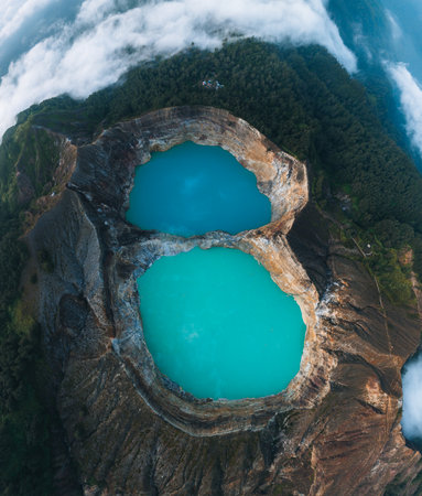 Aerial Drone view of Danau volcano Kelimutu in Ende, Flores island. Sunrise. Colorful crater lake. East Nusa Tenggara Aerial viewの写真素材