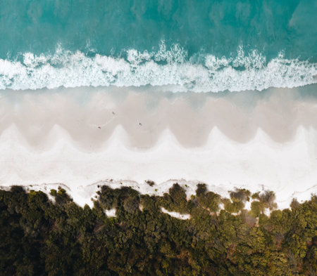 Panorama Aerial Drone Picture of the white sand Hyams beach in New South Wales, Australiaの写真素材