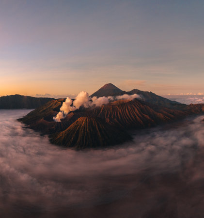 Panorama of Sunrise at volcano Bromo, Java island, Indonesia. Panoramic aerial viewの写真素材