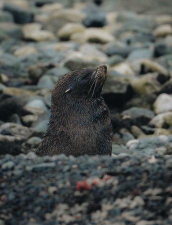Young Antarctic fur seal ,Arctocephalus gazella, in South Georgia in its natural environmentの写真素材