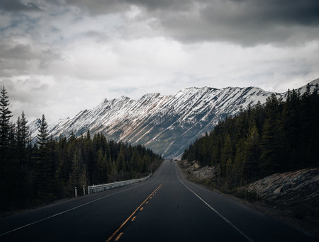 The road 93 beautiful Icefield Parkway in Autumn Jasper and banff National park,Canadaの写真素材