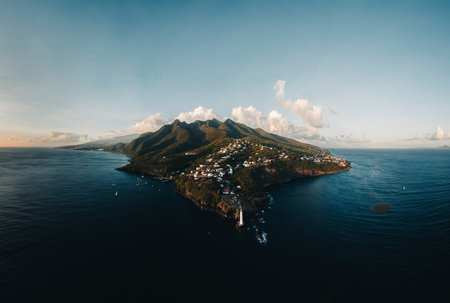 Aerial drone panorama of Lighthouse at Vieux-Fort, the southernmost point of Guadeloupe, Caribbean Seaの写真素材