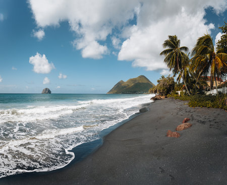 Dramatic seascape landscape of the beautiful wild tropical Diamant beach with its layered woman mountain, dark sand and palm trees, at pink sunset with little waves and nobody, Martinique, West Indies.の写真素材