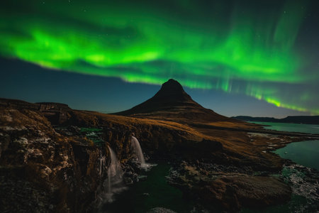 Northern Light, Aurora borealis at Kirkjufell in Iceland. Kirkjufell mountains in winter.の写真素材