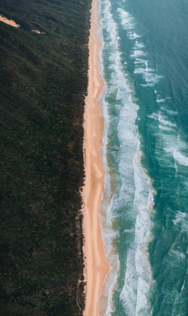 High angle aerial drone view of famous Seventy Five Mile Beach, 75 mile beach on Fraser Island, Kgari, Queensland, Australia, shortly before sunsetの写真素材