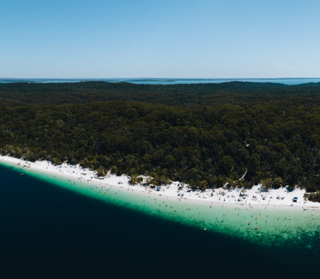 Aerial Drone shot Lake McKenzie, Fraser Island also called kgari, Queensland QLD, Australia.の写真素材