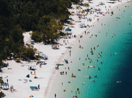 Aerial Drone shot Lake McKenzie, Fraser Island also called kgari, Queensland QLD, Australia.の写真素材