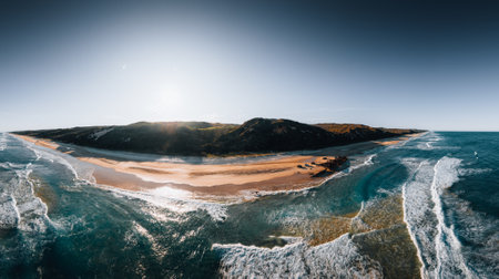 Kgari High angle aerial birds eye drone view of the Maheno shipwreck on Seventy-Five Mile Beach on Fraser Island, Queensland, Australia. Beautiful sunset light with waves.の写真素材