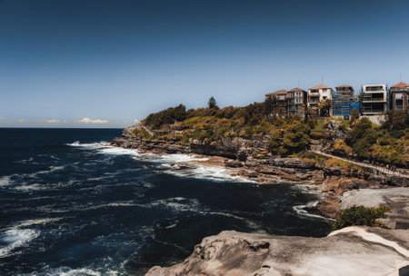 Landscape nature of cliff with ocean at Royal national park coastal walk in Sydney NSW Australia - Nature travel track from Wattamolla. Travel outdoor and Picnic Activityの写真素材