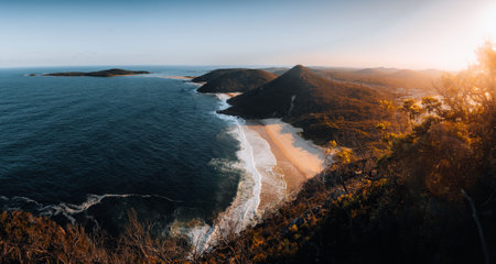 Sunset view over Mount Tomaree National Park, Nelson Bay, New Castle, New South Wales, Australiaの写真素材