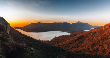 Sunrise Sunset Aerial view of Wineglass Bay beach and mount amos. Freycinet Park, Tasmania, Australiaの写真素材