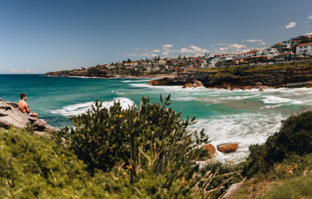 Landscape nature of cliff with ocean at Royal national park coastal walk in Sydney NSW Australia - Nature travel track from Wattamolla. Travel outdoor and Picnic Activityの写真素材