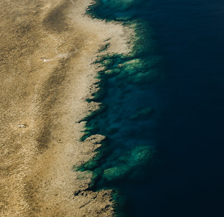 Aerial view of Great Barrier Reef coral reef structure in Whitsundays, Aerilie beach, Queensland, Australiaの写真素材