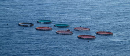 Fish farms in the open sea for breeding fish and other marine animals, near the island of Madeira in...
