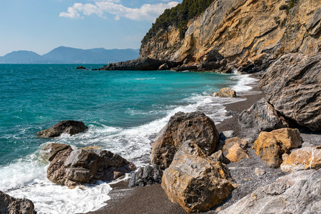 Summer view of natural beach near Tellaro, Lerici, Liguria, Italyの写真素材