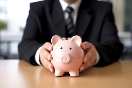 man on a suit sitting at a table holding a piggy bankの素材