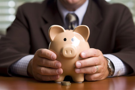 man on a suit sitting at a table holding a piggy bankの素材