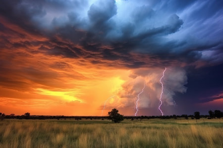 lightning storm on the countryside, landscape, storm, golden hourの素材