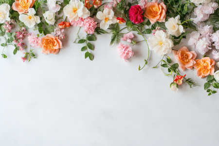 flower arrangement on the top side of the image with empty space for text on a layflatの素材