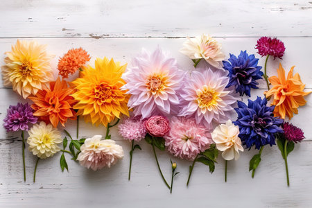 flower arrangement of sunflowers and more flowers over a wooden layflatの素材