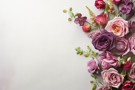 flower arrangement on the right side of the image with empty space for text on a layflatの素材