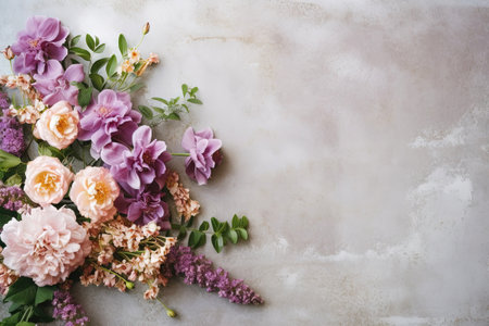 flower arrangement on the left side of the image with empty space for text on a layflatの素材