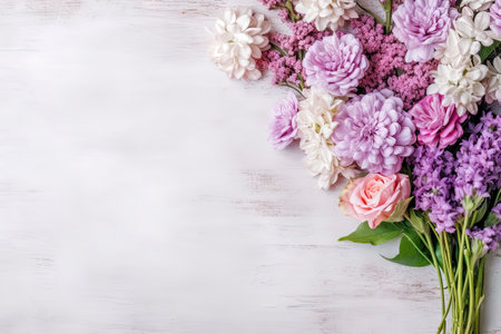 violet flower arrangement on the side over a textured layflatの素材