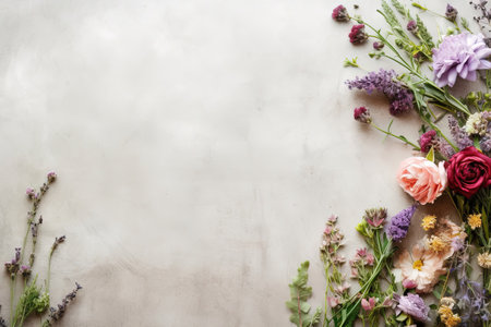 flower arrangement on the right side of the image with empty space for text on a layflatの素材