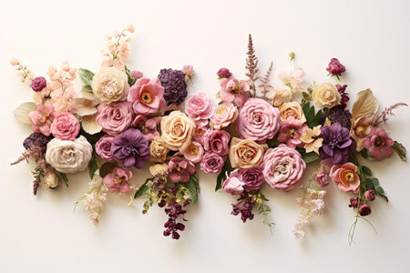 flower arrangement on the center of the image layflat over a cream backgroundの素材