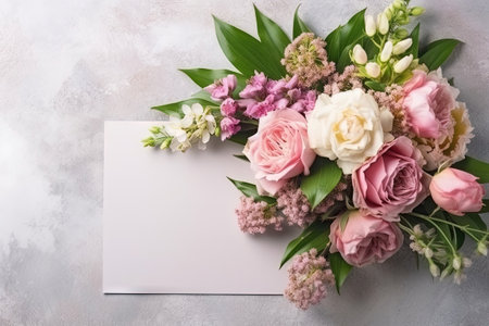 mockup white paper with flower flower arrangement over a grey texturated layflatの素材