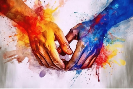 holding hands with vibrant color dust and a white backgroundの素材