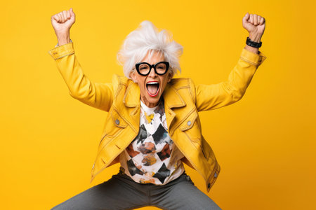 smiling grandmother with glasses doing poses on a studio with yellow backgroundの素材