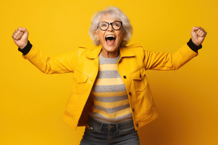 smiling grandmother with glasses doing poses on a studio with yellow backgroundの素材
