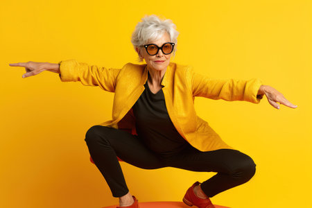 grandmother with glasses doing poses on a studio with yellow backgroundの素材
