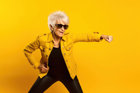 grandmother with sunglasses doing poses on a studio with yellow backgroundの素材