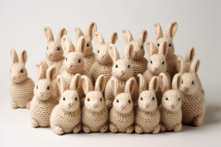 multiple crochet bunnies on a white studio backgroundの素材