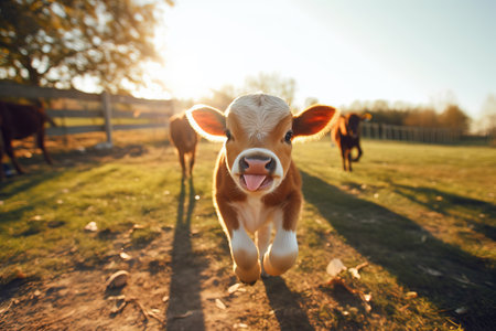 baby calf with his tongue sticking out at golden hourの素材