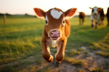 young baby calf running to the camera in the paddockの素材