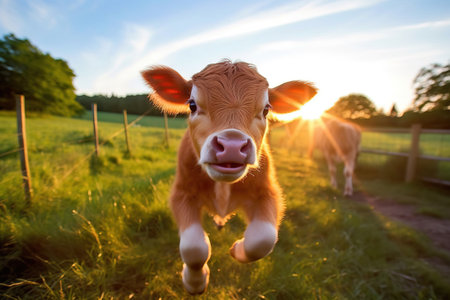 portrait of a calf looking at the camera at sunsetの素材