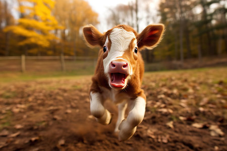 portrait of a young calf running to the camera in autumnの素材