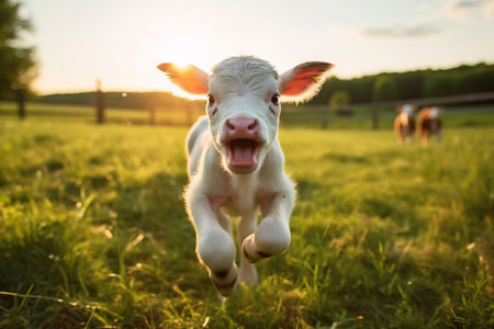 white baby calf running towards the cameraの素材